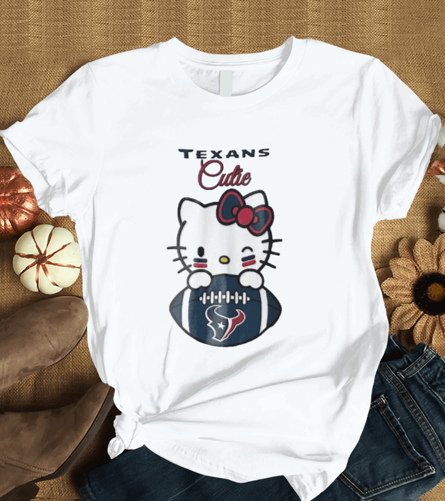 Texans Cutie Cartoon Cat Red Bow Winking Football T-Shirt