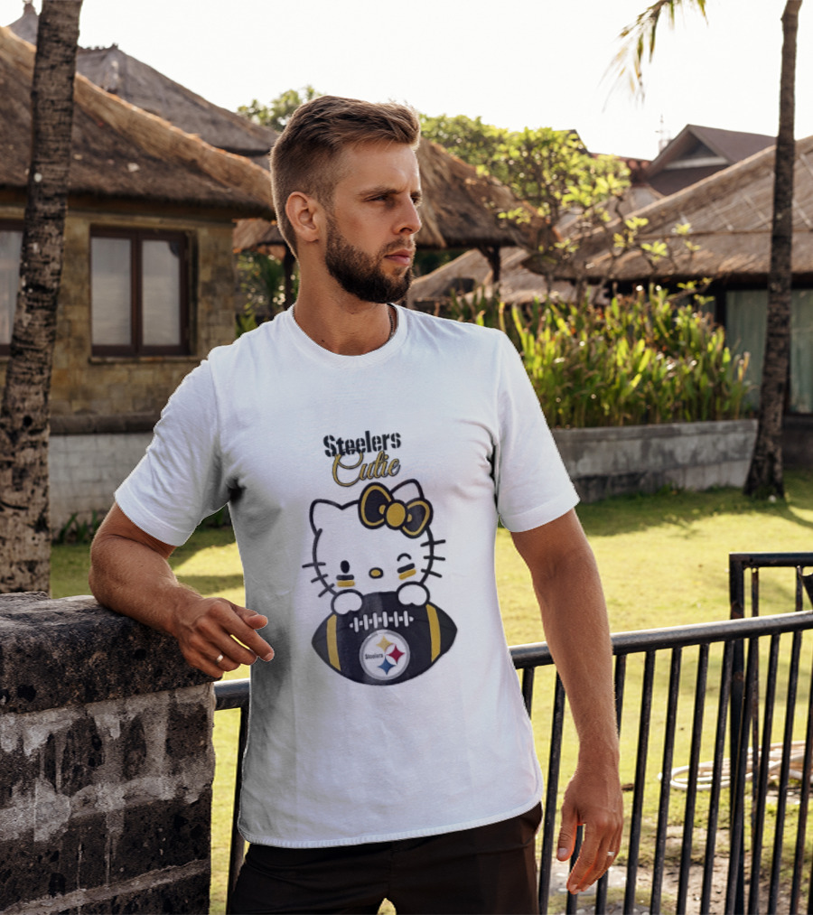 Steelers Cutie Winking Cartoon Cat Bow Football T-Shirt