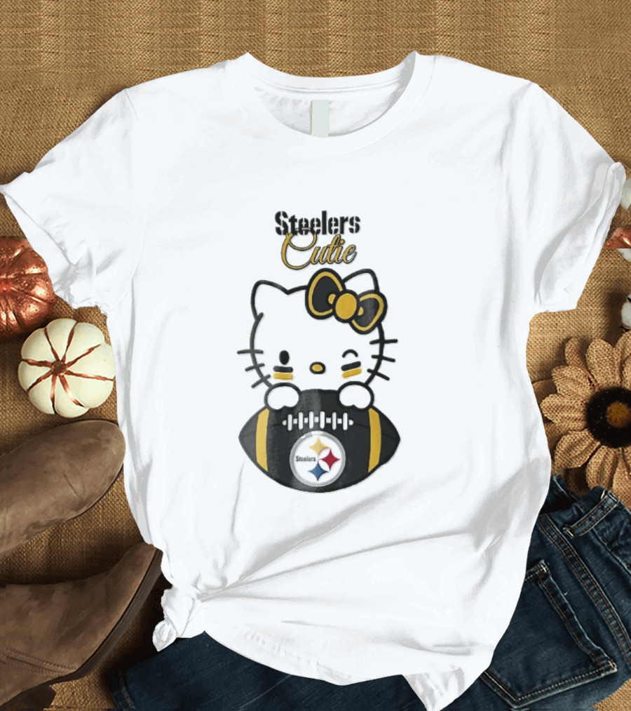 Steelers Cutie Winking Cartoon Cat Bow Football T-Shirt