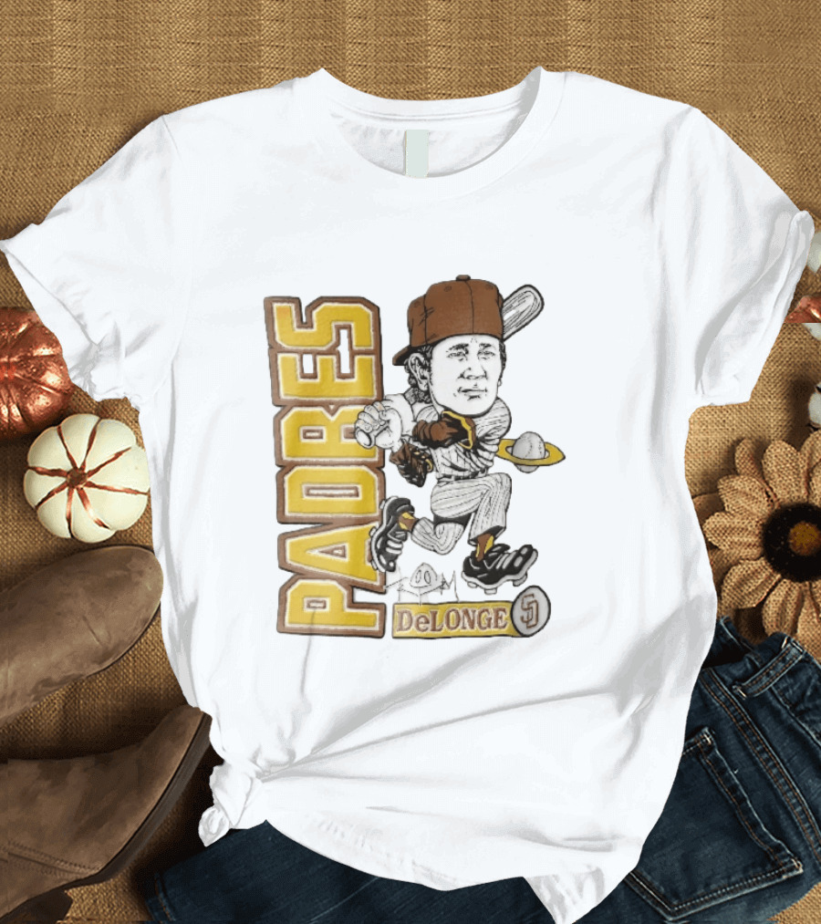 San Diego Padres DeLonge Cartoon Caricature Batter With Orbit Baseball T-Shirt