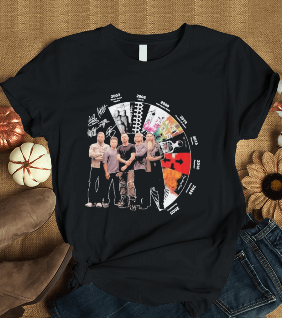 Three Days Grace Albums Timeline With Band Signatures And Discography Dates T-Shirt