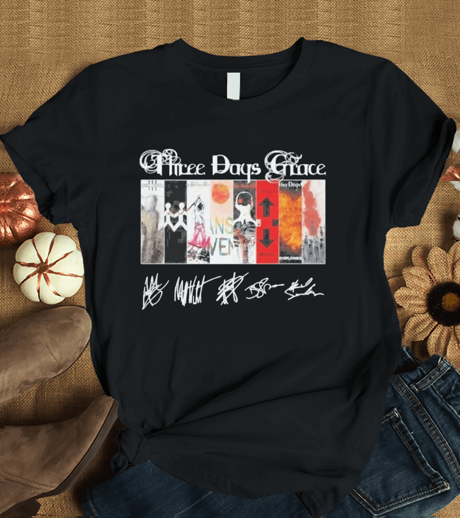 Three Days Grace All Album Covers Band Signatures T-Shirt
