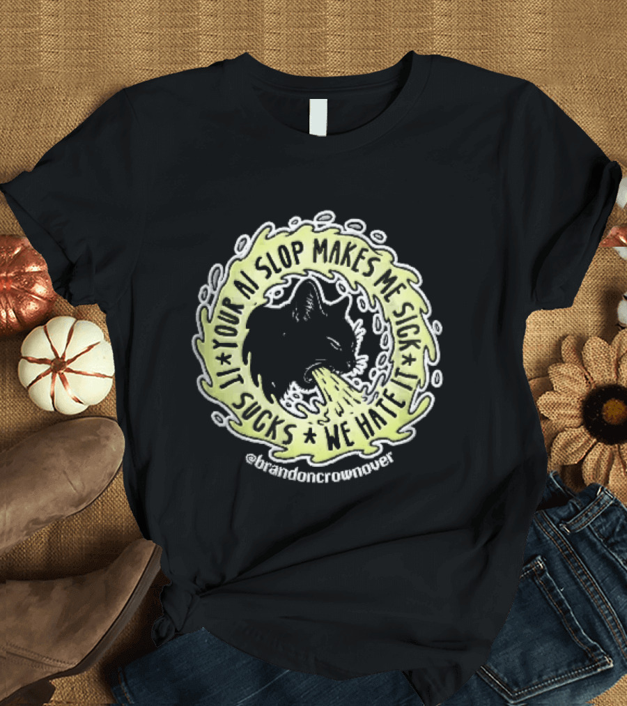 Your Ai Slop Makes Me Sick It Sucks We Hate Brandon Crownover Black Cat Vomiting Green Slime T-Shirt