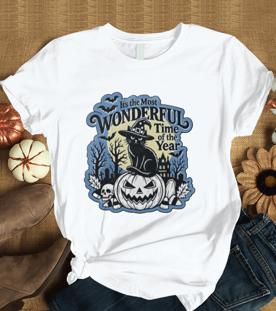 It's The Most Wonderful Time Of The Year Witch Cat Pumpkin Halloween T-Shirt