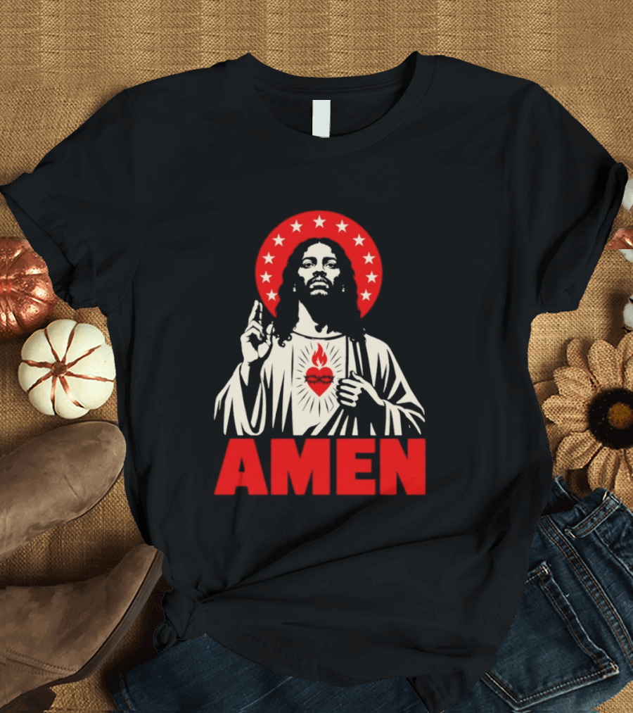 Amen Christ Ain't White Red Stars Iconic Representation T-Shirt