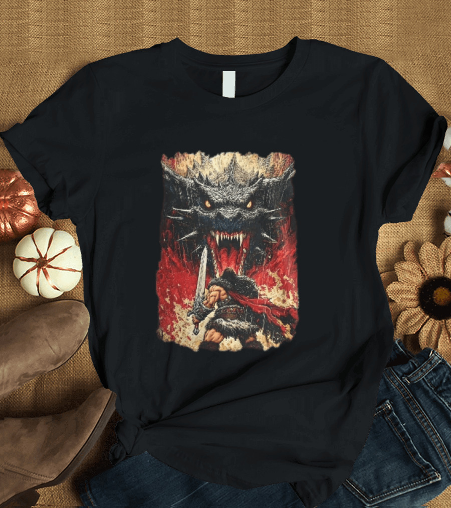Barbarian Warrior Sword Battle Roaring Dragon Fiery Flames Art Ink Line T-Shirt