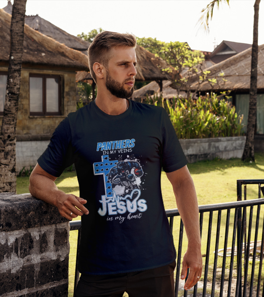 Panthers In My Veins Jesus In My Heart Carolina Football Athlete Cross T-Shirt