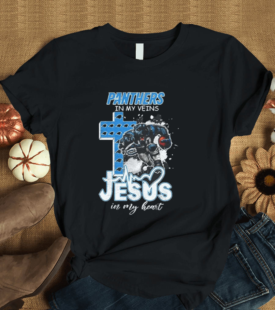 Panthers In My Veins Jesus In My Heart Carolina Football Athlete Cross T-Shirt