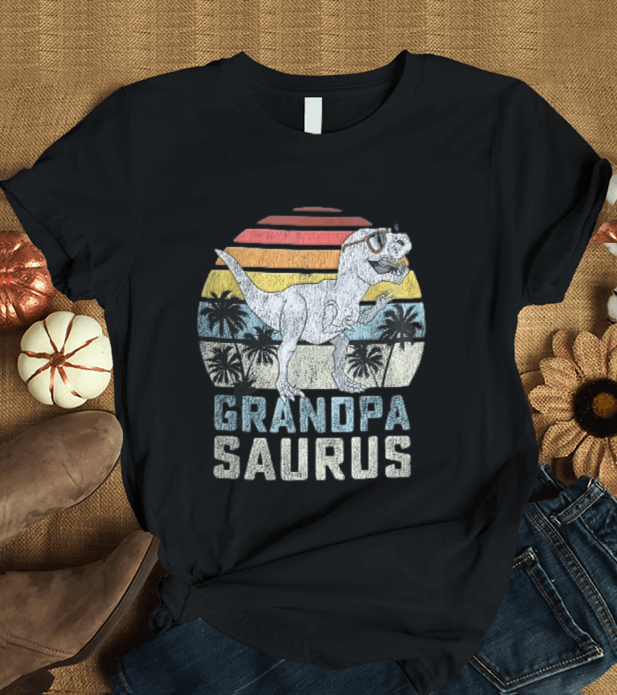 Grandpa Saurus Dinosaur Sunglasses Sunset Palms T-Shirt