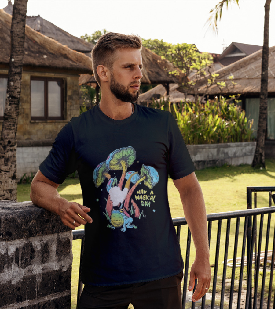 Have A Magical Day Colorful Mushrooms And Frog Pipe Cartoon T-Shirt