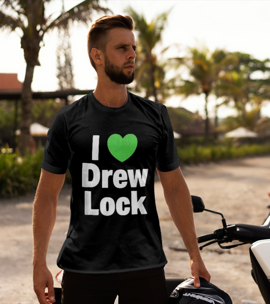I Love Drew Lock Green Heart Silver White Gradient Letters T-Shirt