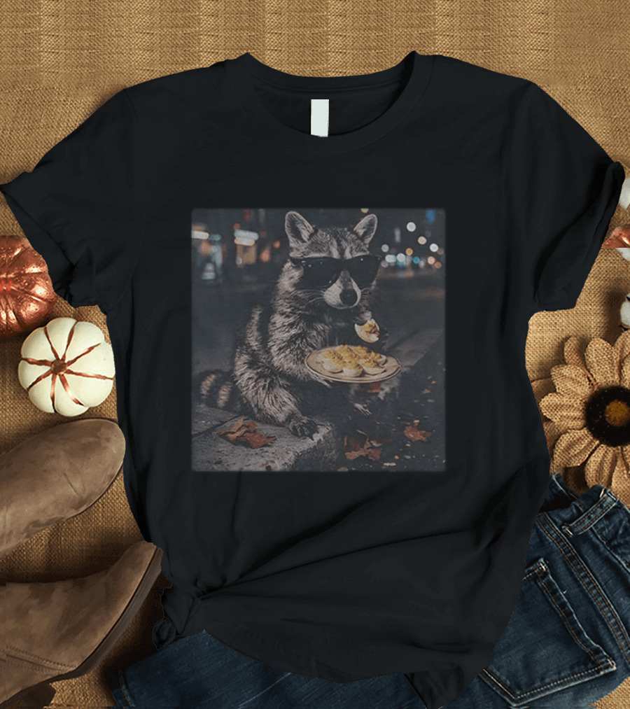 Raccoon Eating Deviled Eggs At Night Wearing Sunglasses T-Shirt