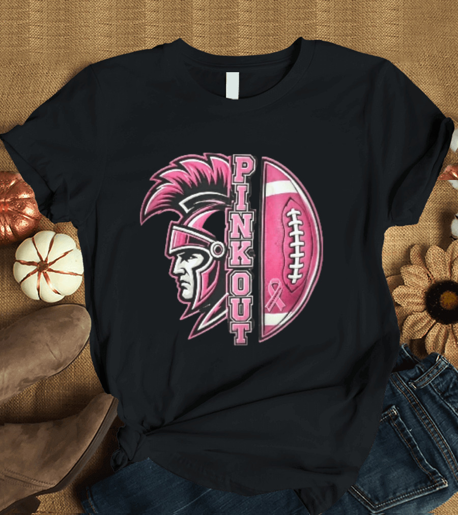 Maroa Forsyth Trojans Pink Out Football Helmet Breast Cancer Awareness Ribbon T-Shirt