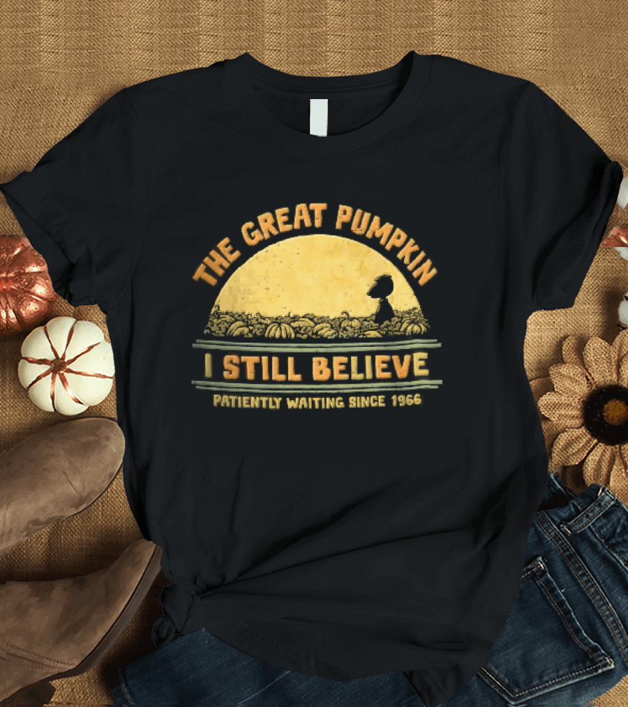 The Great Pumpkin I Still Believe Patiently Waiting Since 1966 Yellow Moon Snoopy Silhouette Distressed T-Shirt