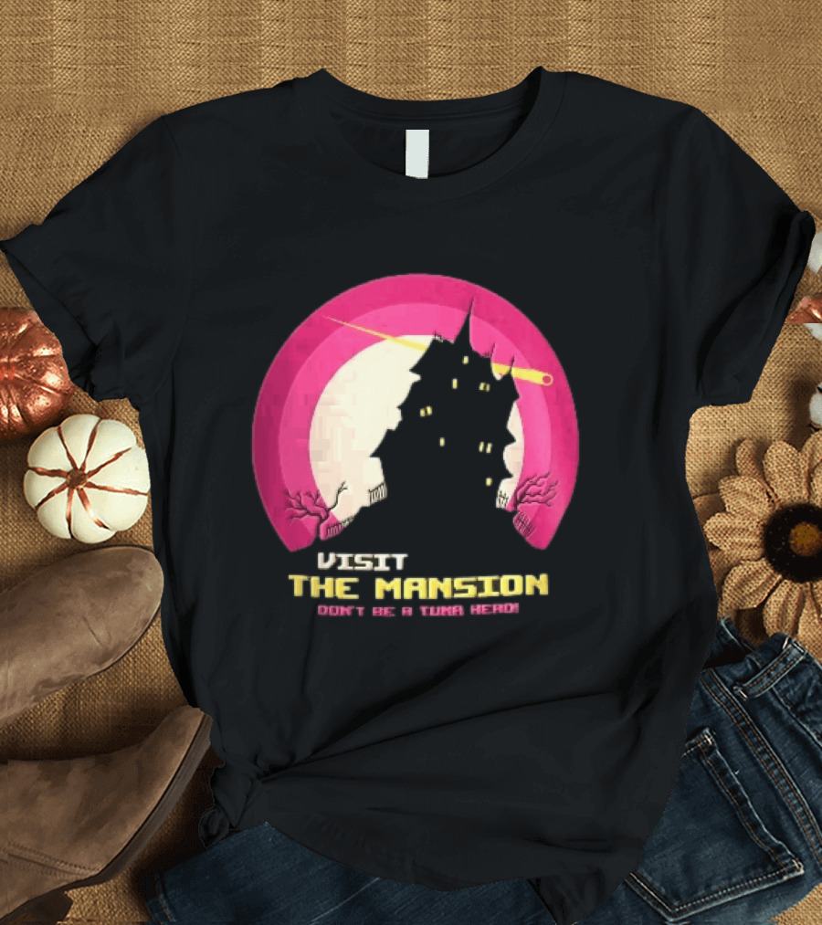 Visit The Mansion Don't Be A Tuna Head Pixel Spooky House Moon Skeleton Trees Yellow Meteor T-Shirt