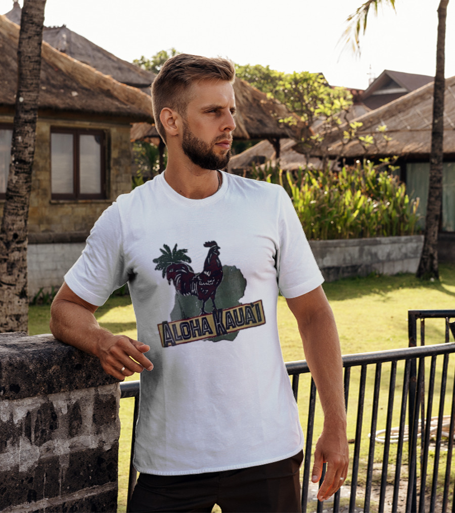 Aloha Kauai Red Rooster Palm Tree Island Map T-Shirt
