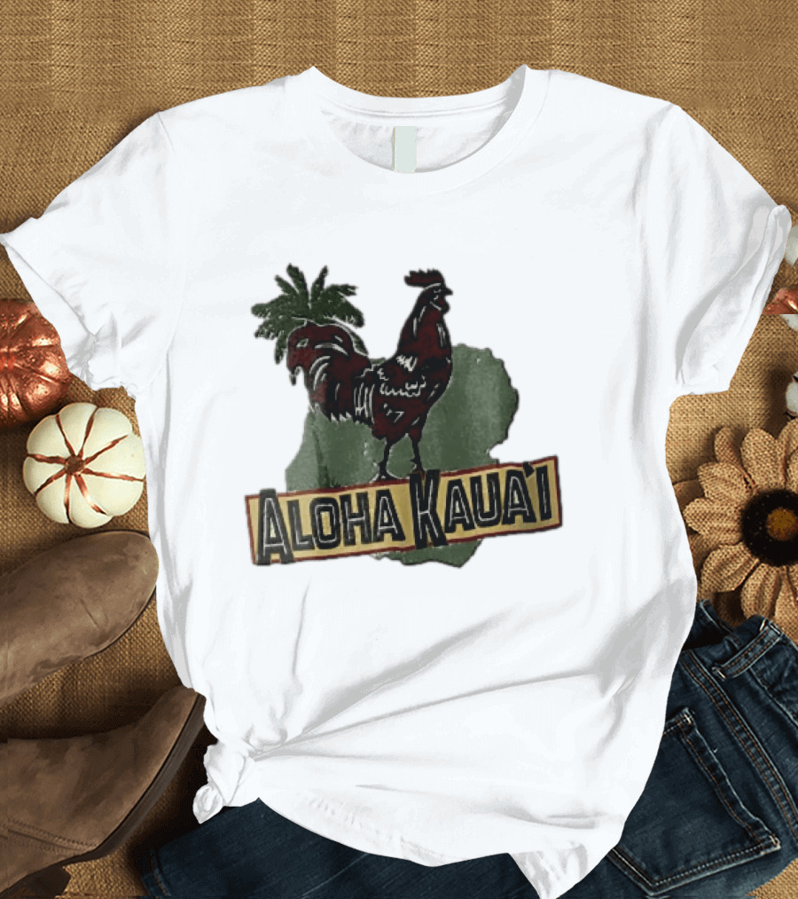 Aloha Kauai Red Rooster Palm Tree Island Map T-Shirt