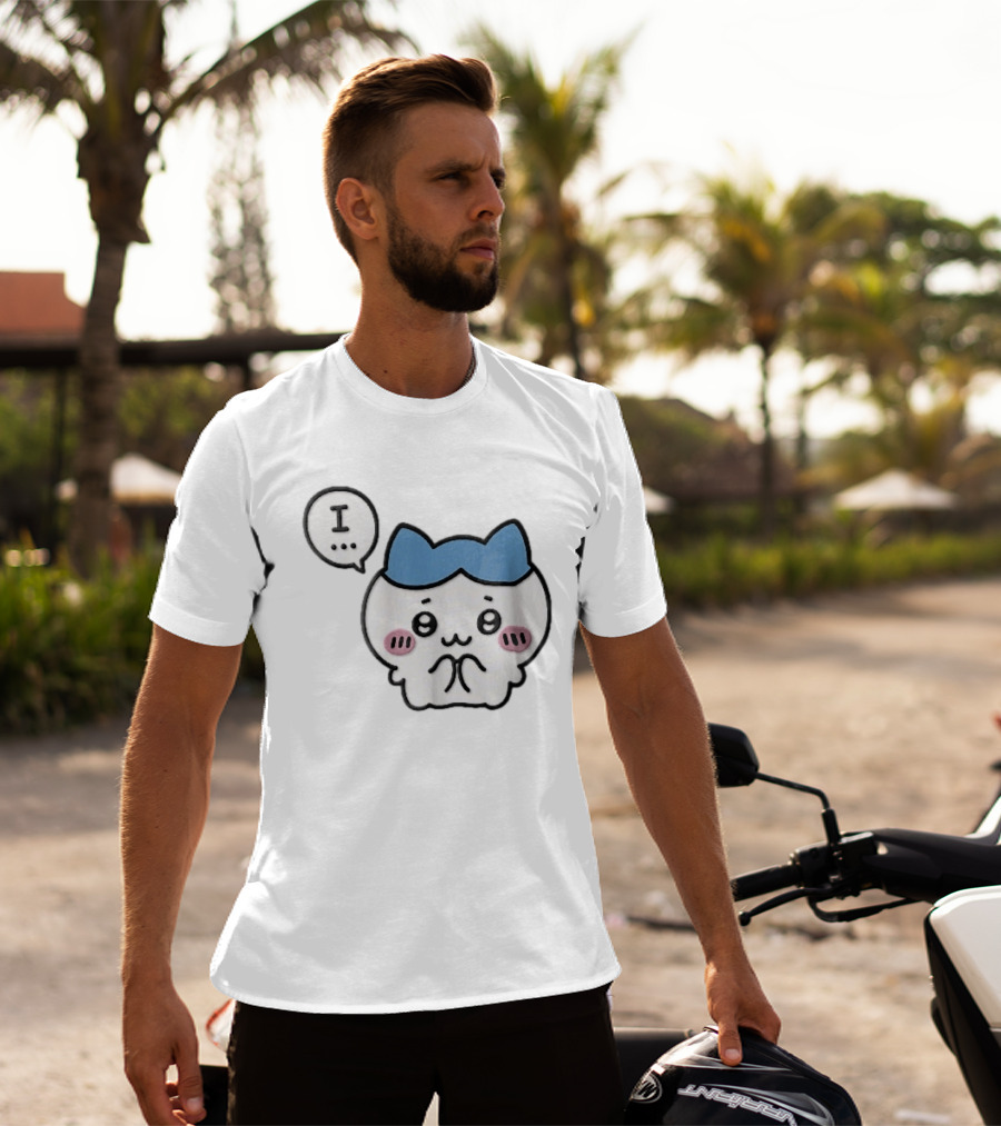 Shy White Cat With Blue Ears Blushing Expression Speech Bubble Text I T-Shirt