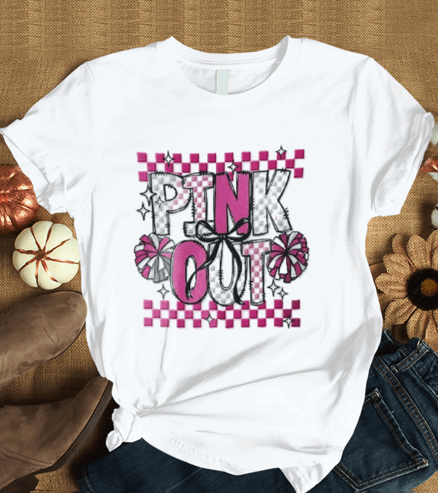 Pink Out Checkerboard Cheerleader Pom Poms Black Ribbon Bow Sparkles T-Shirt