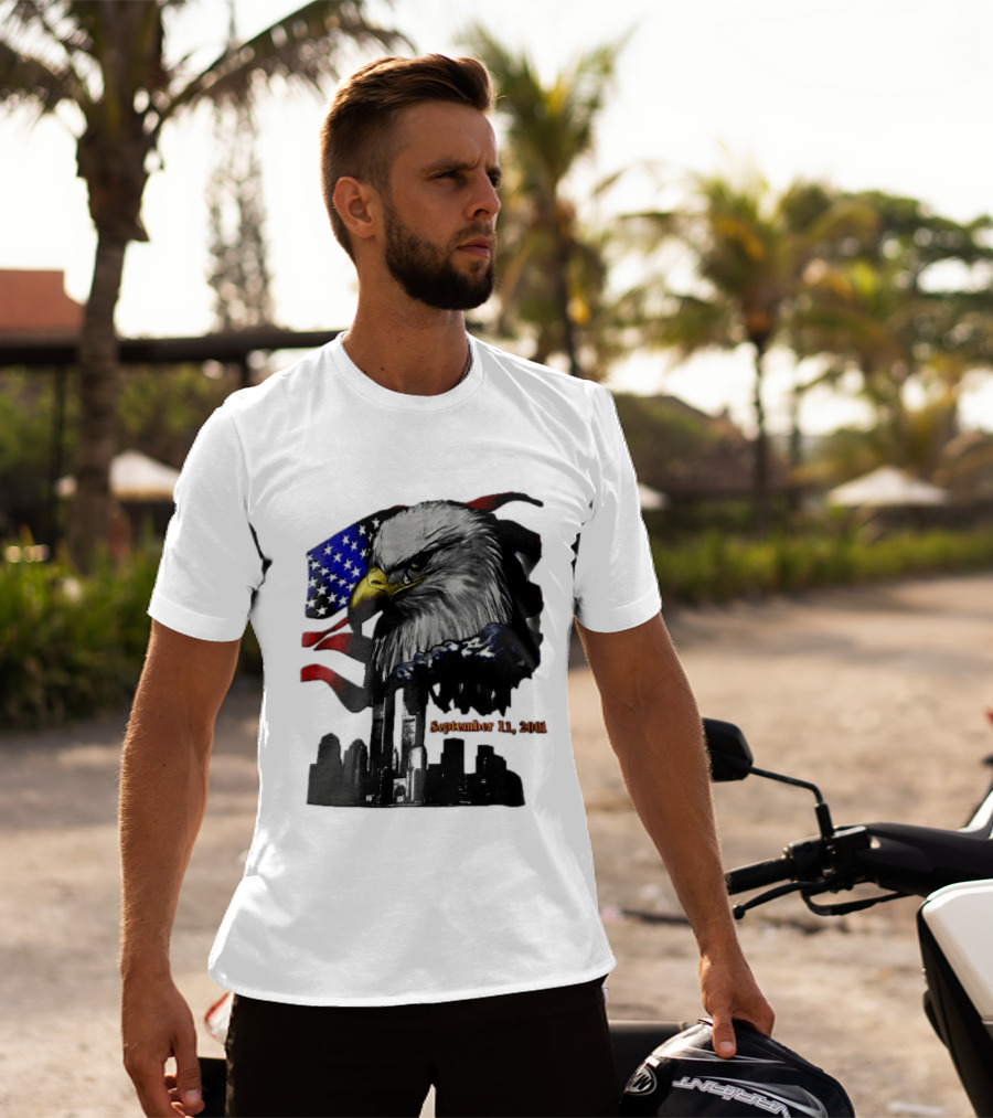 September 11 2001 Twin Towers New York Skyline Crying Bald Eagle American Flag T-Shirt