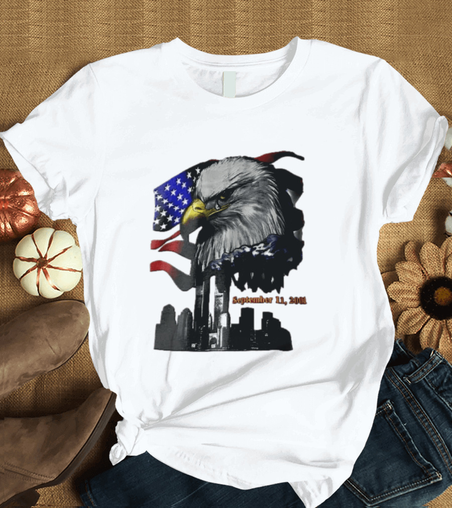 September 11 2001 Twin Towers New York Skyline Crying Bald Eagle American Flag T-Shirt