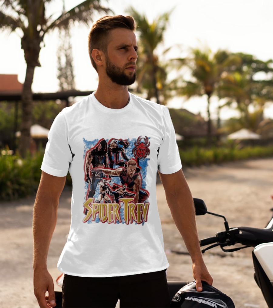 Spider Trey Professional Wrestler Action Collage With Blue Smoke And Red Spider T-Shirt