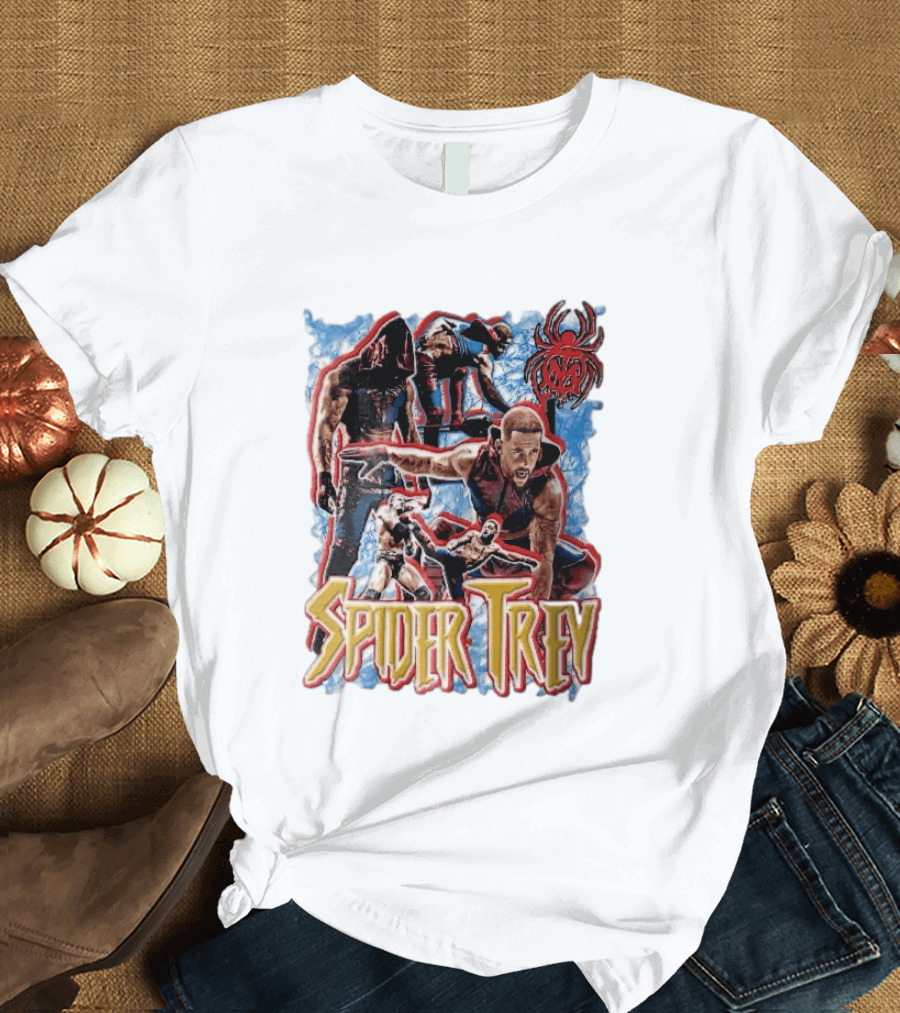 Spider Trey Professional Wrestler Action Collage With Blue Smoke And Red Spider T-Shirt