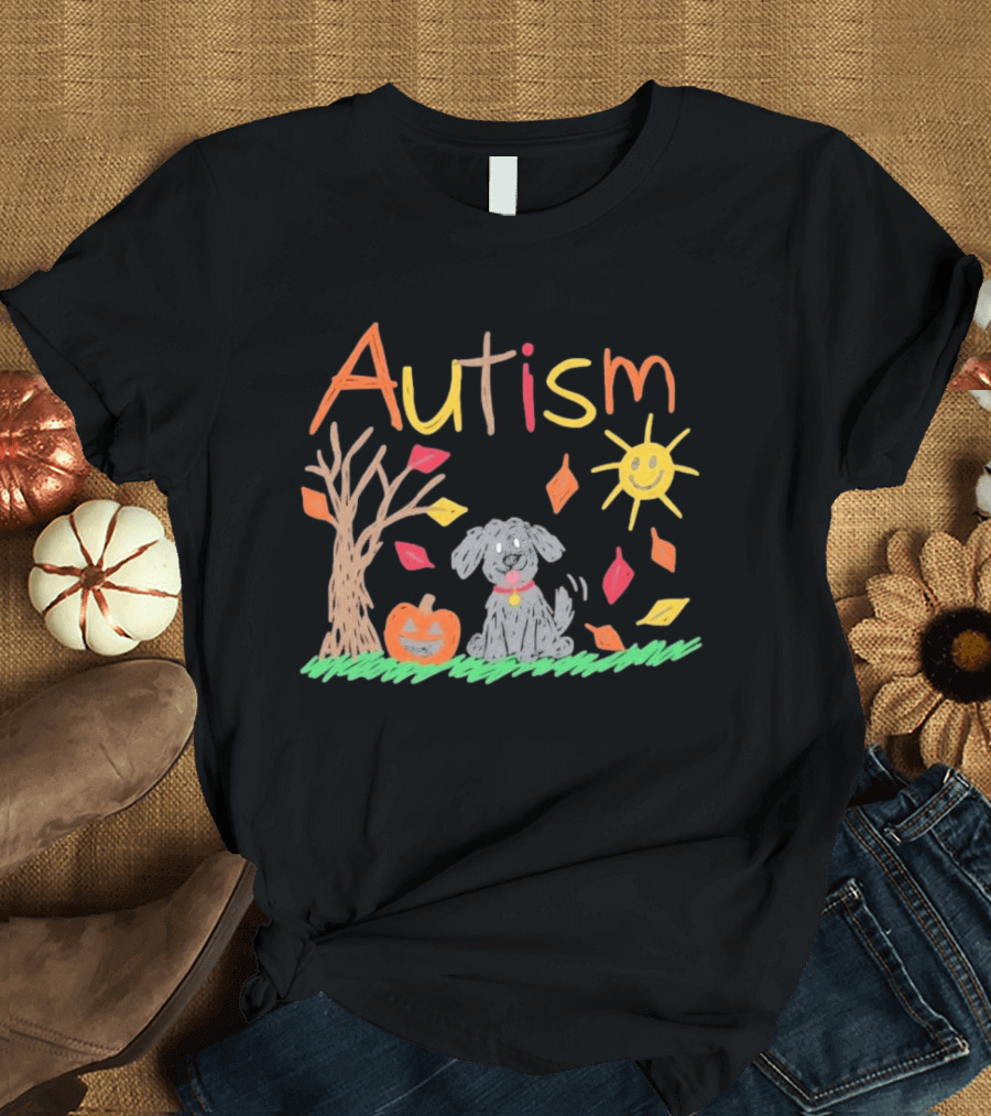 Autism Awareness Fall Puppy Pumpkin Autumn Leaves Sun Drawing T-Shirt