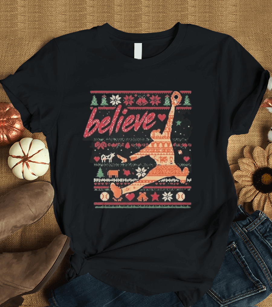 Believe Orioles Air Cowser Ugly Christmas Festive Sweater Baseball Catch T-Shirt