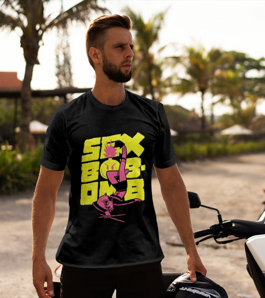 Sex Bob Omb Inverted Pink Cartoon Drummer With Drumsticks Bold Yellow T-Shirt