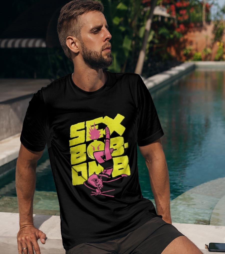 Sex Bob Omb Inverted Pink Cartoon Drummer With Drumsticks Bold Yellow T-Shirt