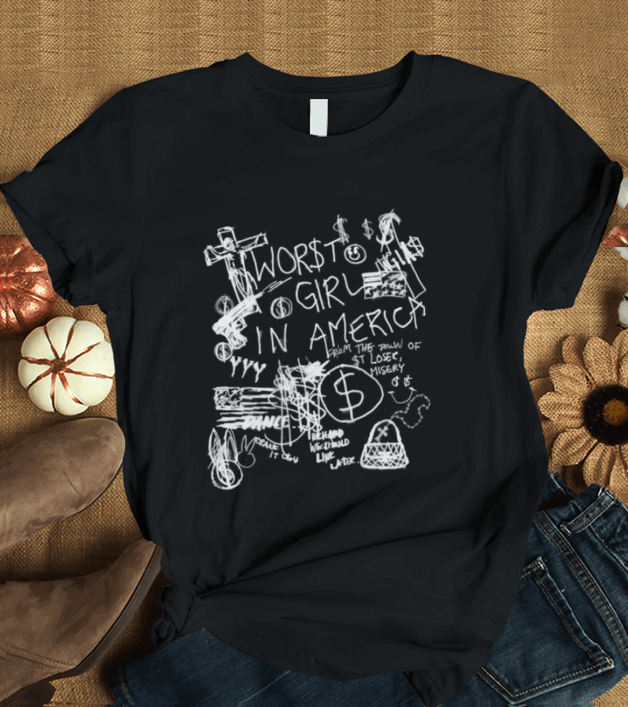 Slayyyter Store Sharpie Black Worst Girl In America Dollar Sign T-Shirt