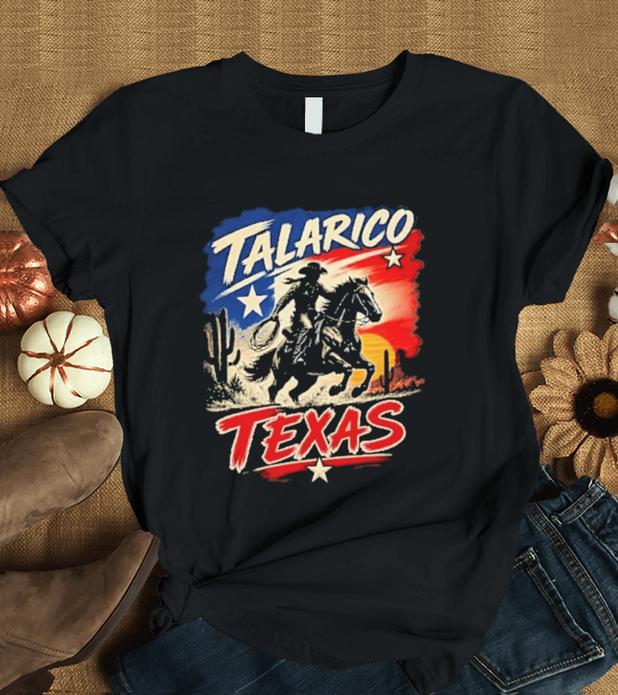 Talarico Texas Cowboy Riding Silhouette With Lone Star And Cactus T-Shirt