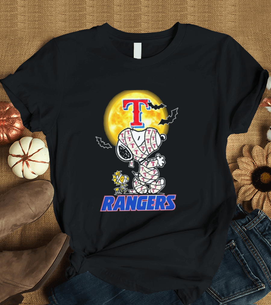 Texas Rangers Snoopy Woodstock Mummy Halloween Collaboration T-Shirt