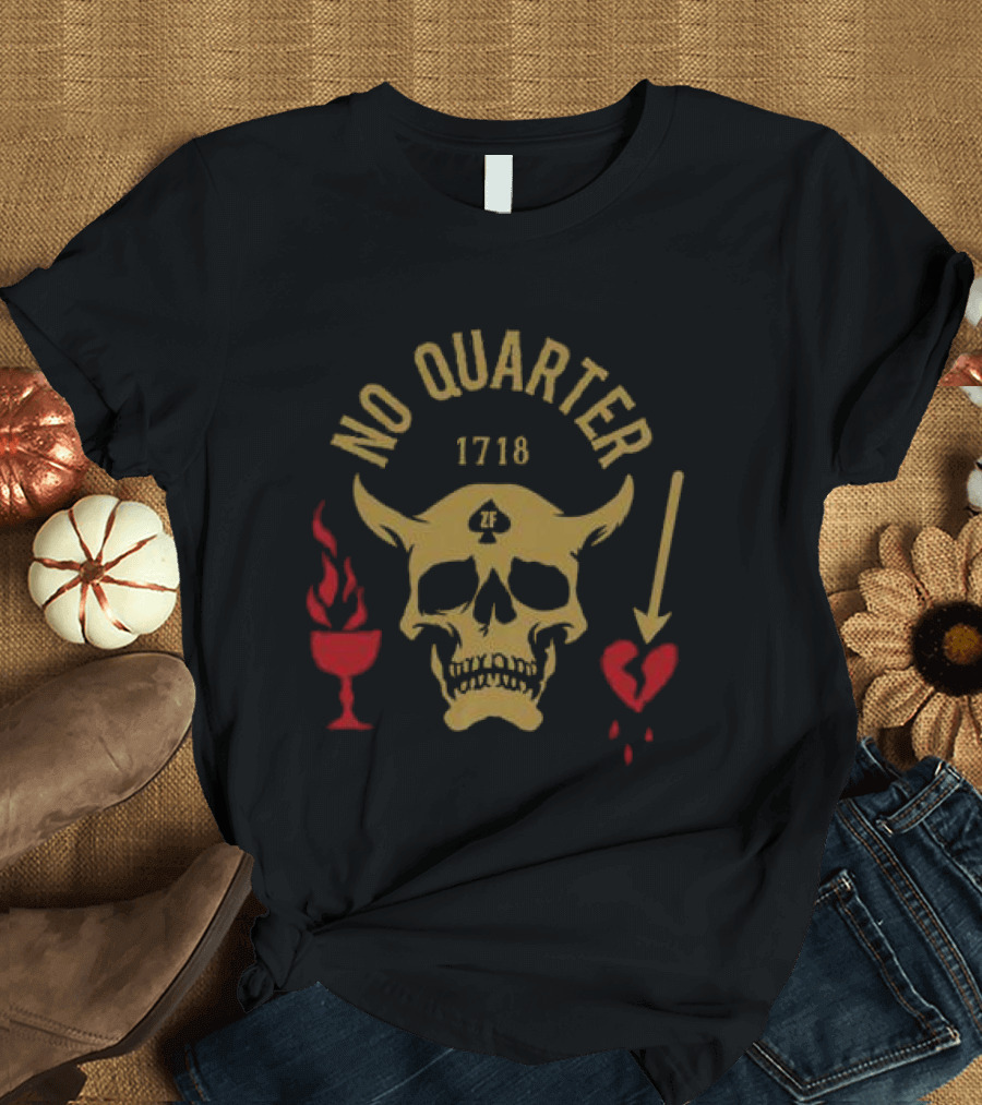 No Quarter 1718 Skull Red Heart Flame Arrow T-Shirt