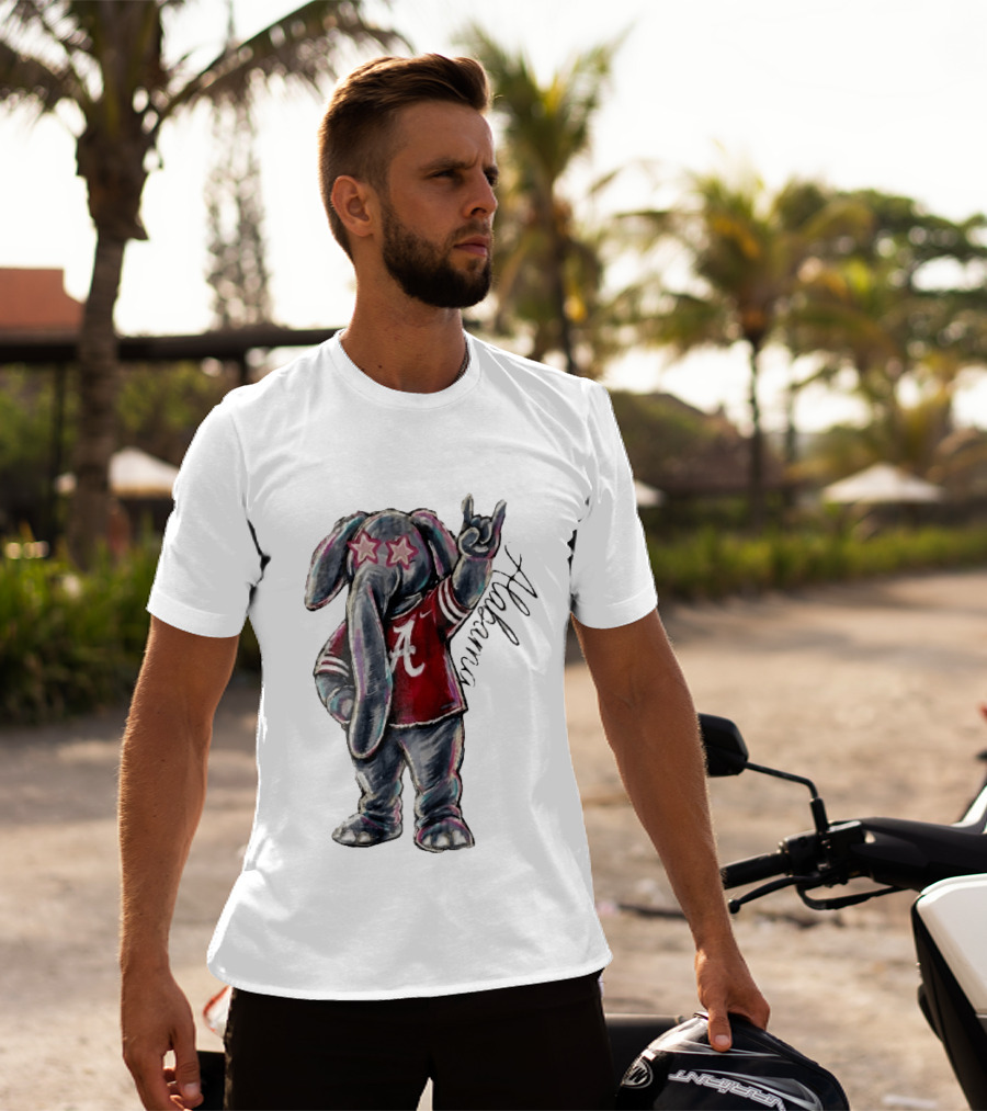 Alabama Crimson Tide Elephant Pink Star Glasses Hand Sign Sketch T-Shirt