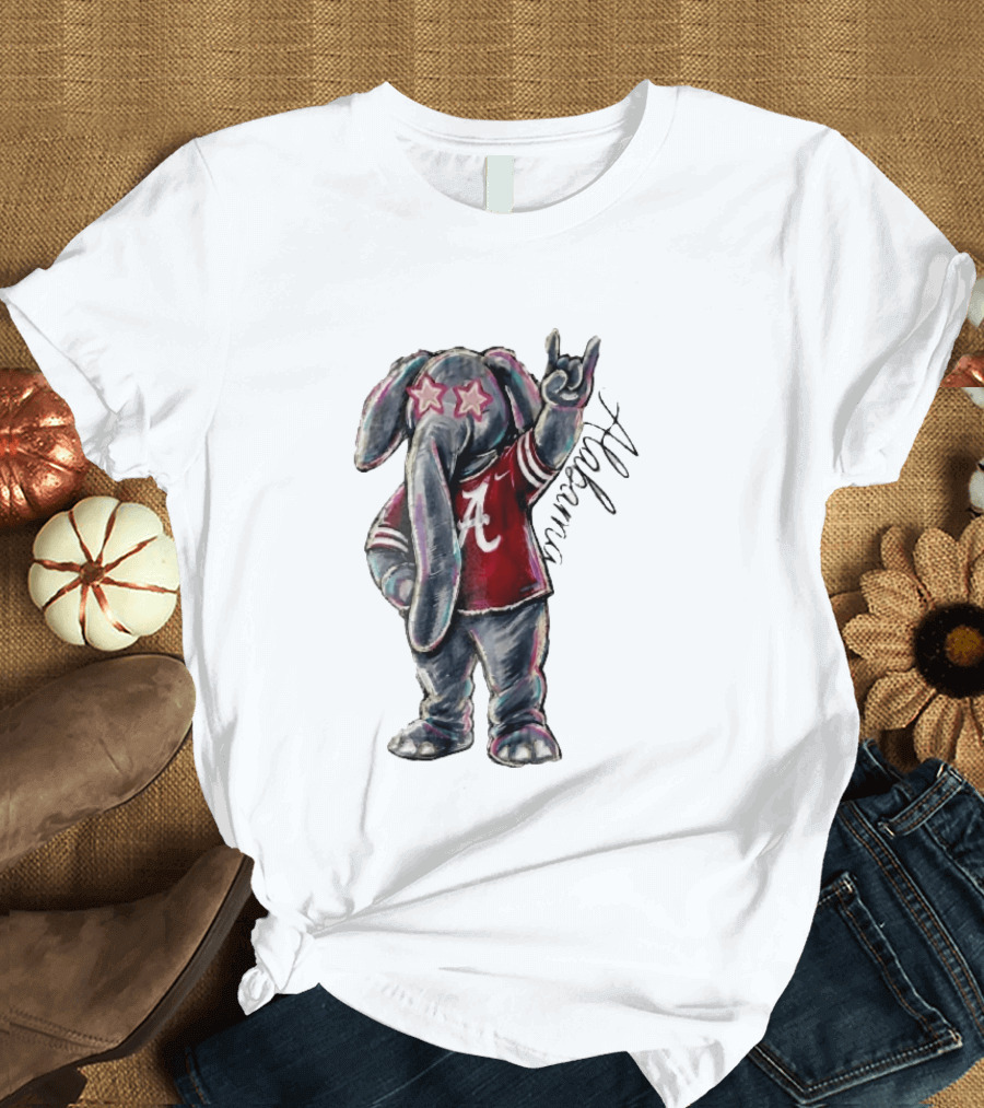 Alabama Crimson Tide Elephant Pink Star Glasses Hand Sign Sketch T-Shirt