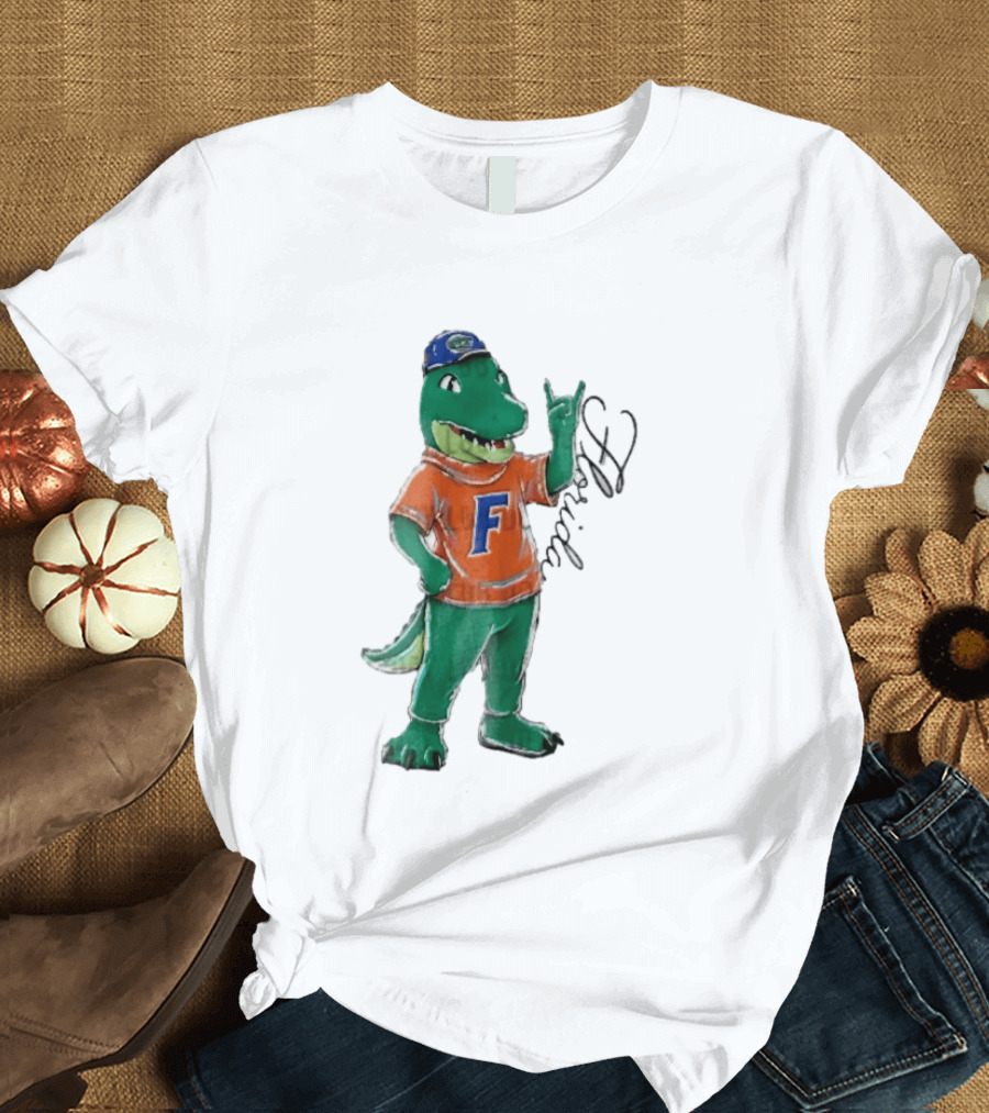 Florida Gators NCAA Albert Mascot Cartoon Alligator Raising Hand T-Shirt