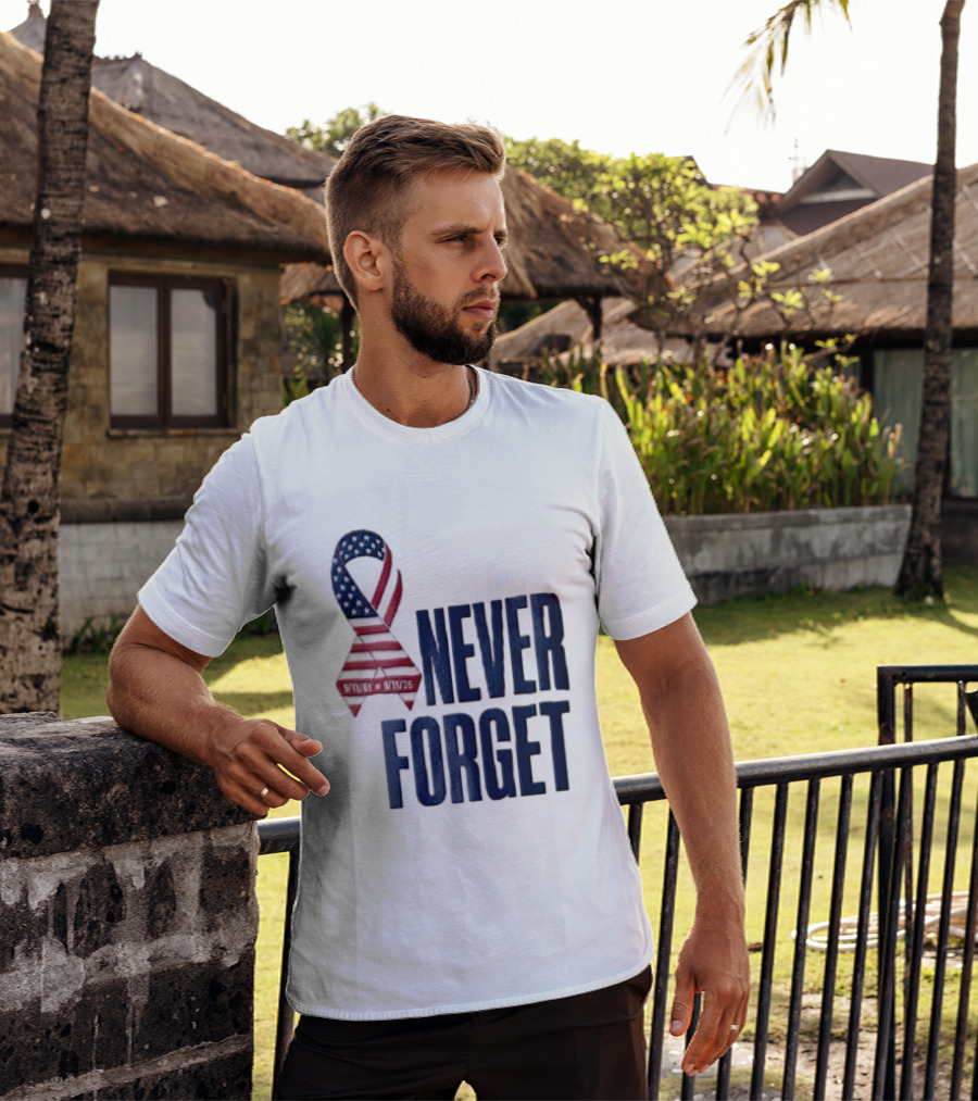 Never Forget 9/11 American Flag Awareness Ribbon T-Shirt