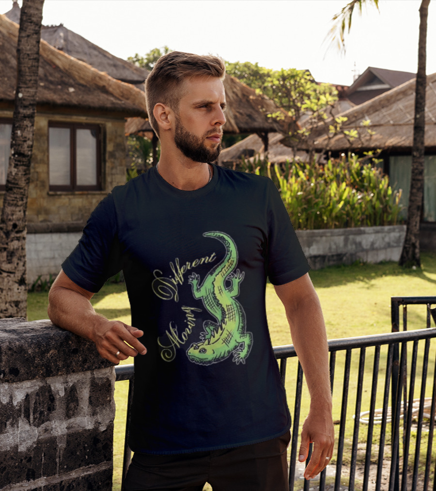 Different Moving Green Lizard Iguana Line Sketch T-Shirt