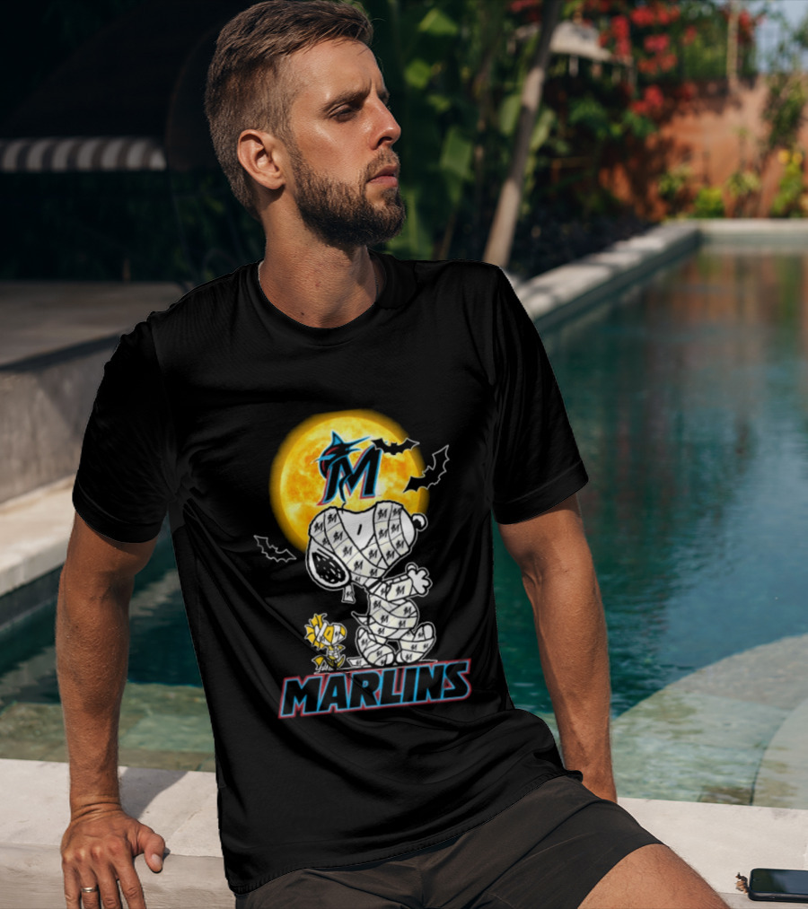 Miami Marlins Snoopy Woodstock Mummy Halloween Moon T-Shirt