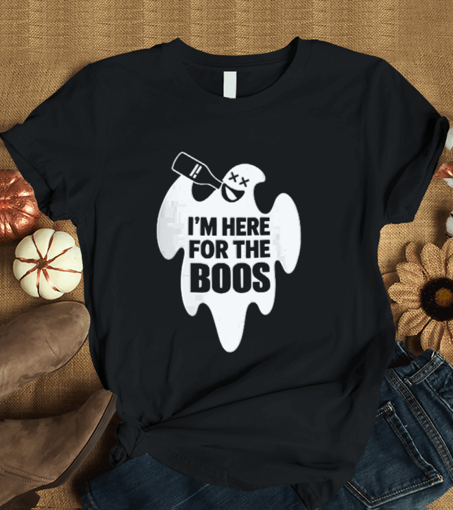 I'm Here For The Boos Cartoon Ghost Drinking Alcohol Bottle T-Shirt