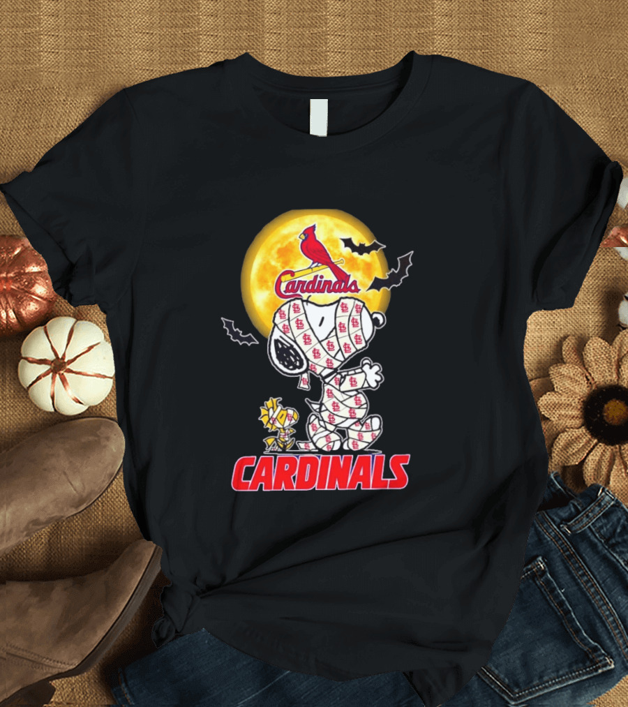 St. Louis Cardinals Snoopy Woodstock Mummy Halloween Moon Bats T-Shirt