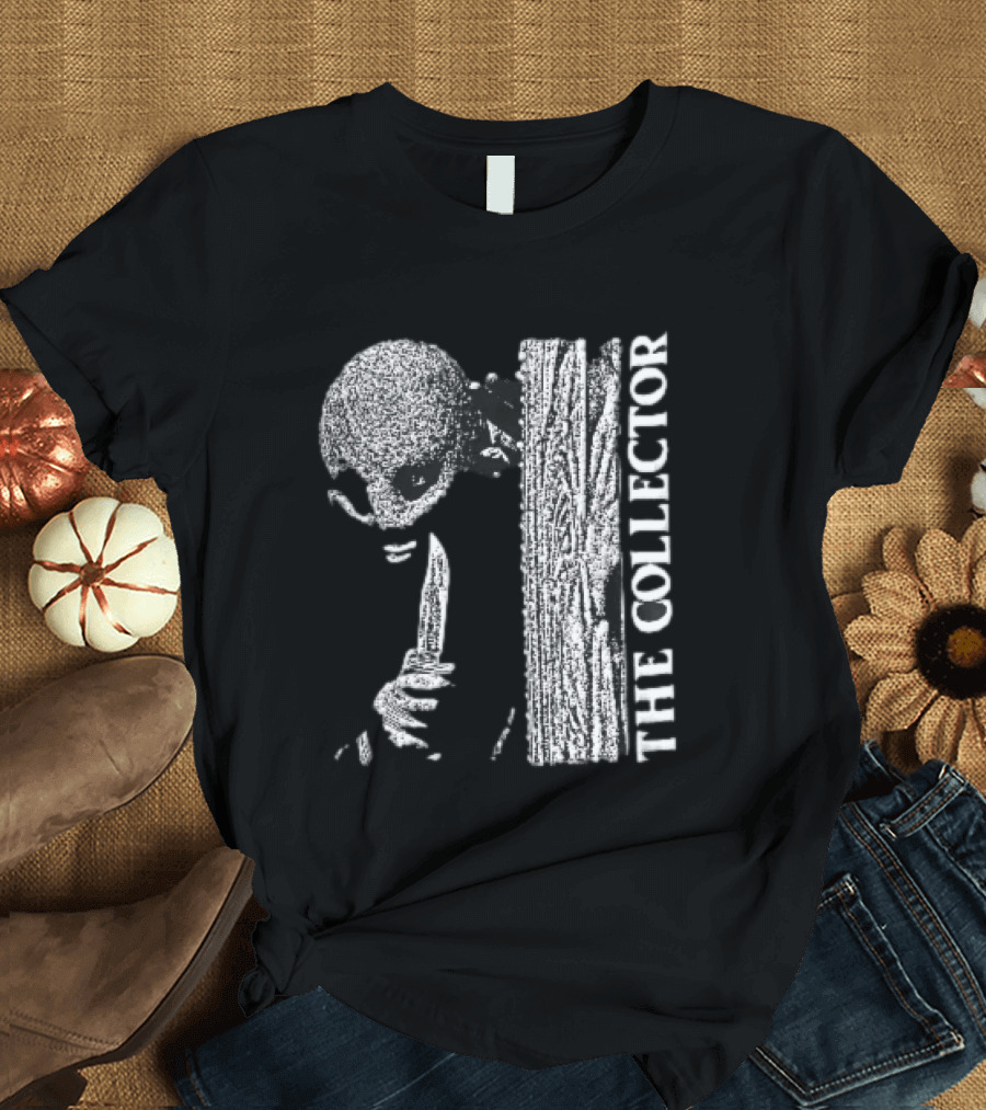 The Collector Masked Figure Knife Wooden Door Peeking Halftone T-Shirt