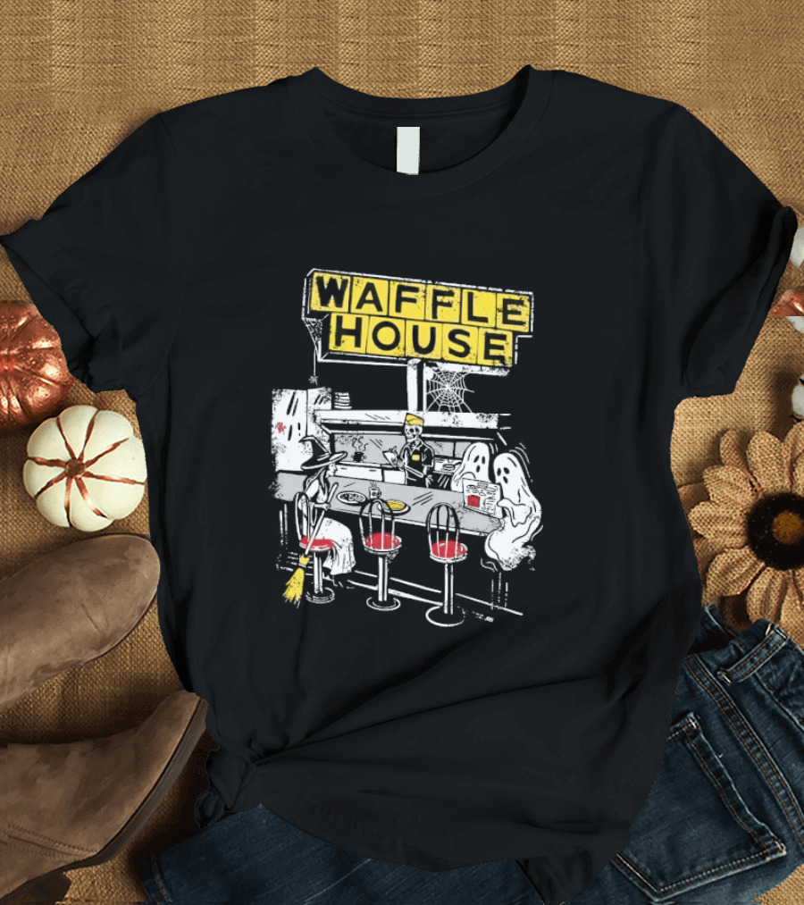 Waffle House Wafflehaunted House Ghostly Diner Scene Halloween T-Shirt