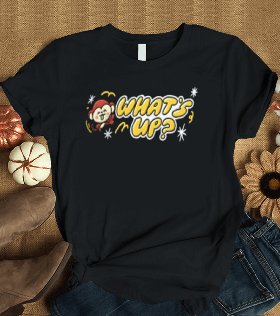 What's Up Cartoon Monkey Waving White Sparkles Squiggles T-Shirt