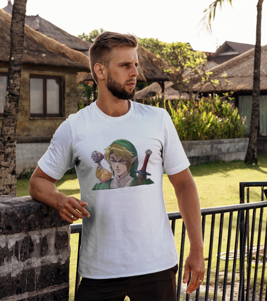 Anime Blonde Elf Knight In Green Tunic With Sword And Strange Bird Companion T-Shirt
