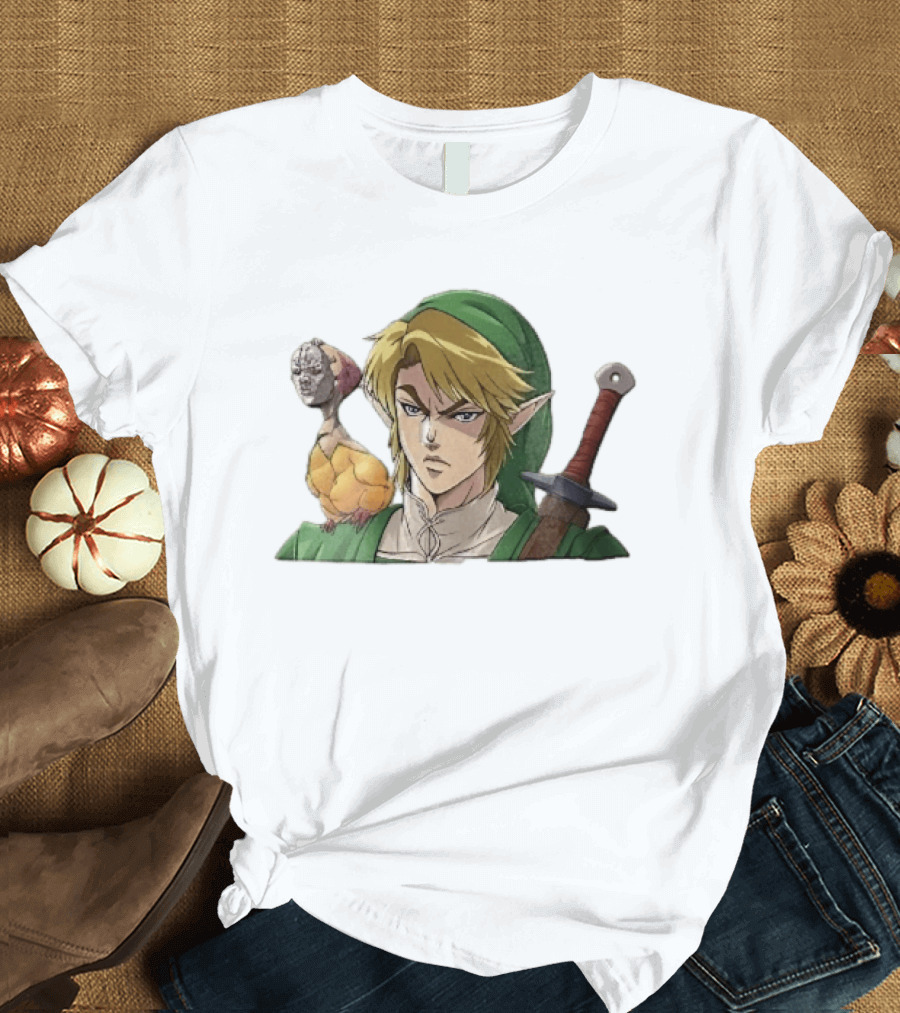 Anime Blonde Elf Knight In Green Tunic With Sword And Strange Bird Companion T-Shirt