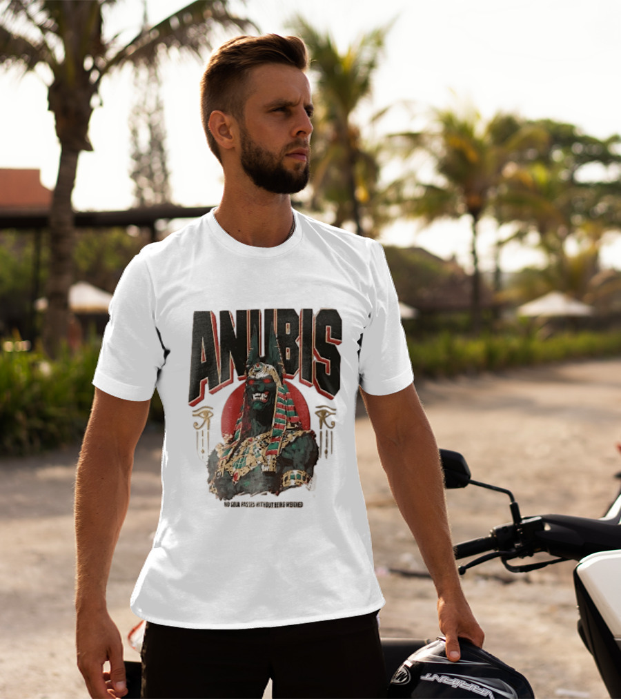 Anubis Jackal Headed Egyptian God Distressed No Soul Passes Without Being Weighed Sun T-Shirt