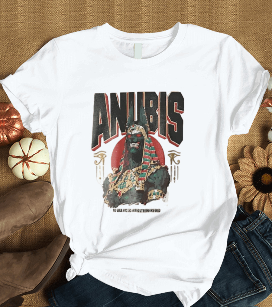 Anubis Jackal Headed Egyptian God Distressed No Soul Passes Without Being Weighed Sun T-Shirt